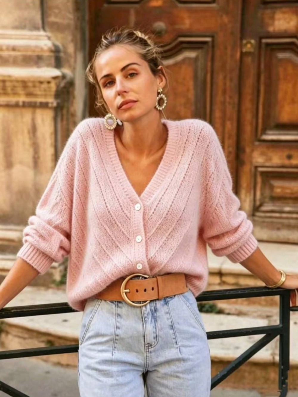 V-Cut Buttoned Down Pink Knit Cardigan Textured, Long Sleeve